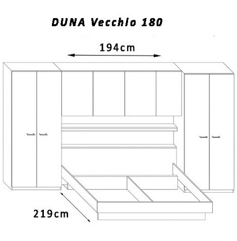 Brugkamer Base Vecchio : 180x200 cm., eenpersoons bed Bovenkasten kleur : wit  , accentkleur deur/front gelakt